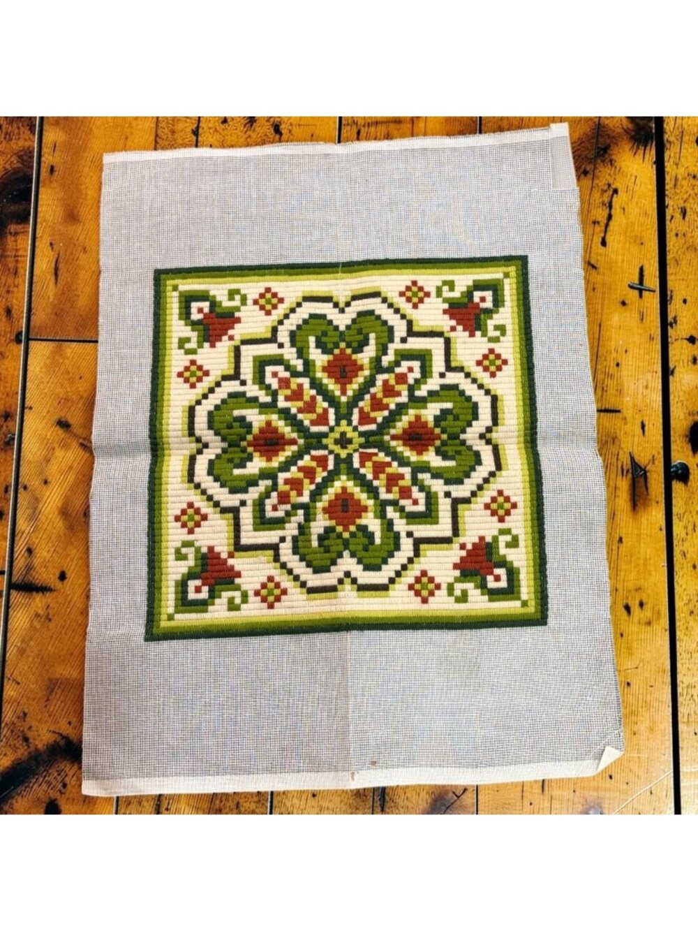 Vtg Handcrafted Needlepoint Canvas Floral Geometric Design 13.5” Pillow Top